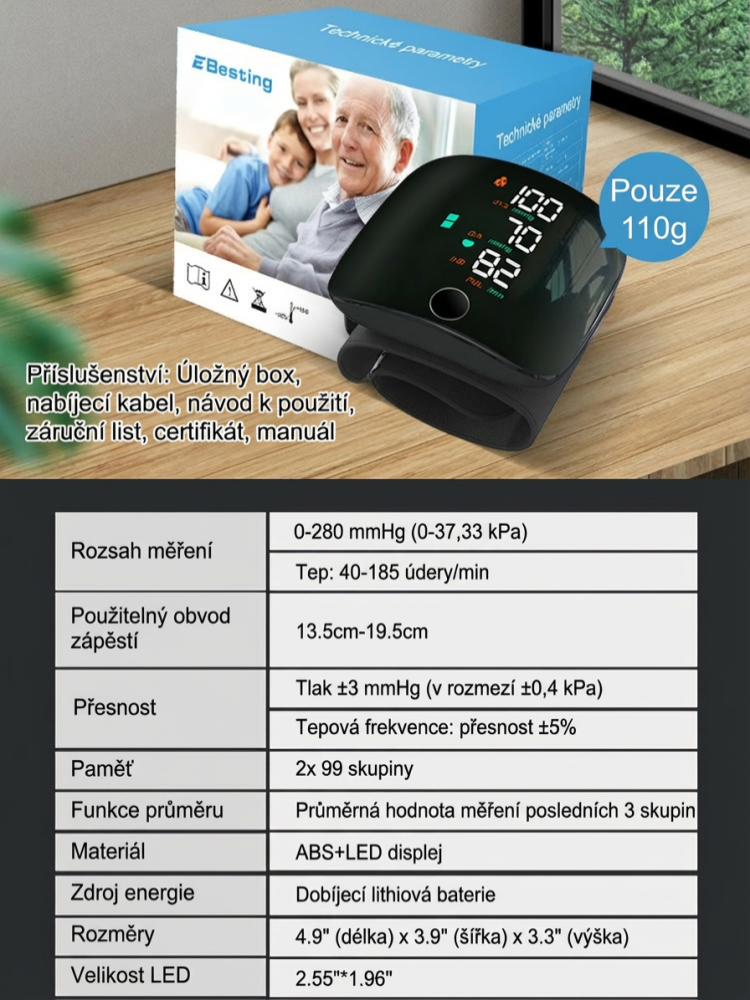 Plně automatický zápěstní tlakoměr s hlasem a velkým barevným displejem