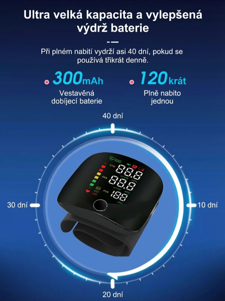 Plně automatický zápěstní tlakoměr s hlasem a velkým barevným displejem
