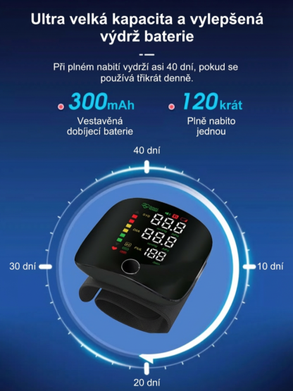 Plně automatický zápěstní tlakoměr s hlasem a velkým barevným displejem