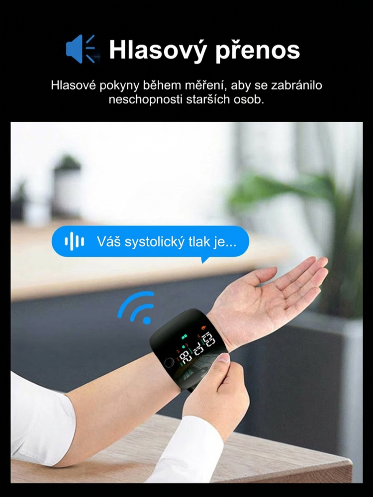 Plně automatický zápěstní tlakoměr s hlasem a velkým barevným displejem