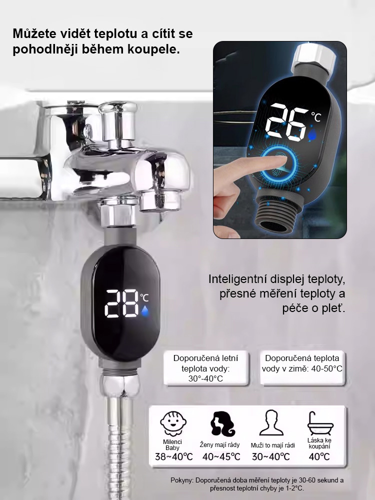  Chytrý vodotěsný sprchový teploměr s displejem teploty