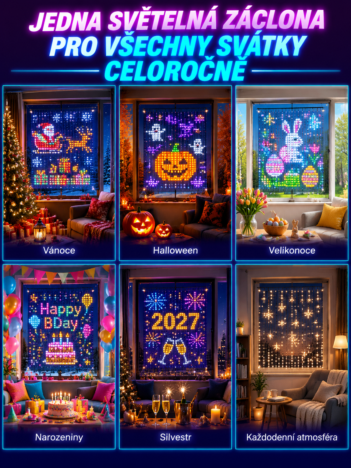 【🎉Inteligentní dynamická dekorační lampa】💝Přepínejte vánoční scény v mobilu nebo tvořte vlastní vzory. 🏠Vyzdobte balkón i fasádu za pár sekund bez zamotaných kabelů! 