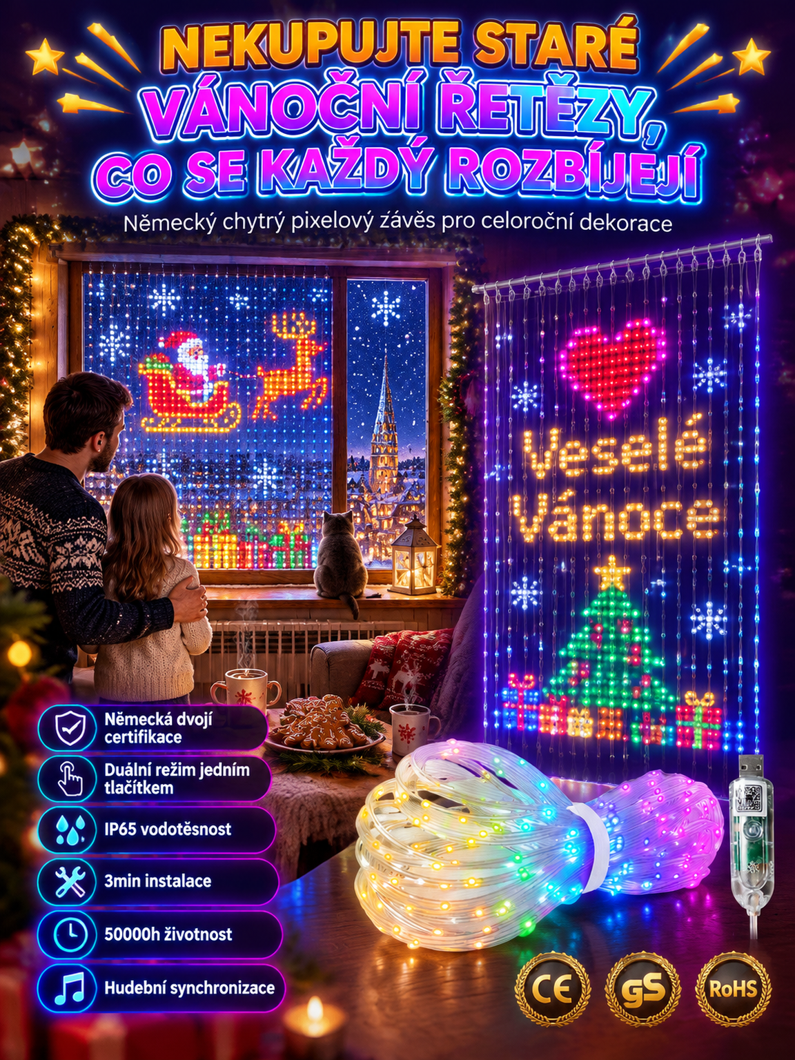 【🎉Inteligentní dynamická dekorační lampa】💝Přepínejte vánoční scény v mobilu nebo tvořte vlastní vzory. 🏠Vyzdobte balkón i fasádu za pár sekund bez zamotaných kabelů! 