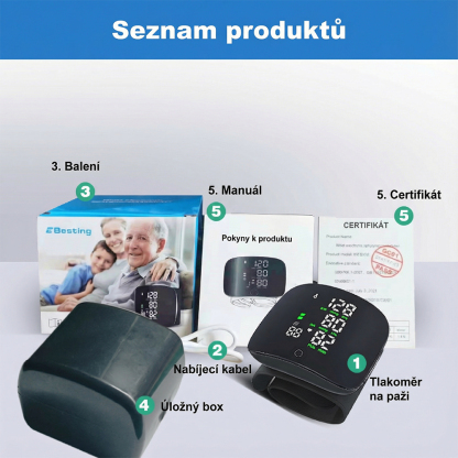 Plně automatický zápěstní tlakoměr s hlasem a velkým barevným displejem