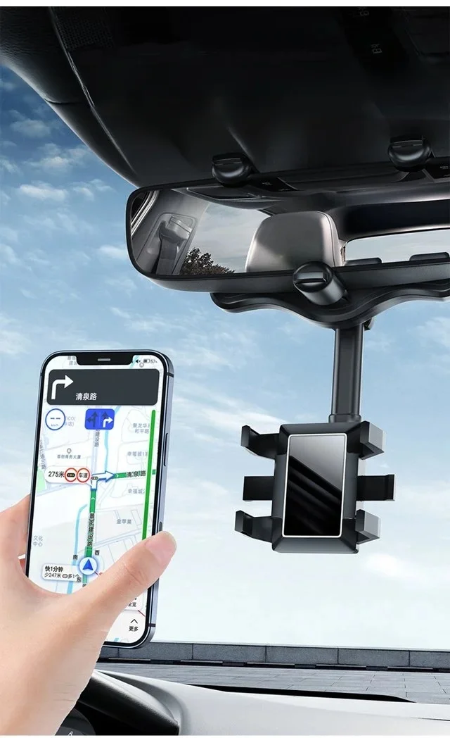 The rearview mirror clip-on phone holder grips firmly without blocking your view!