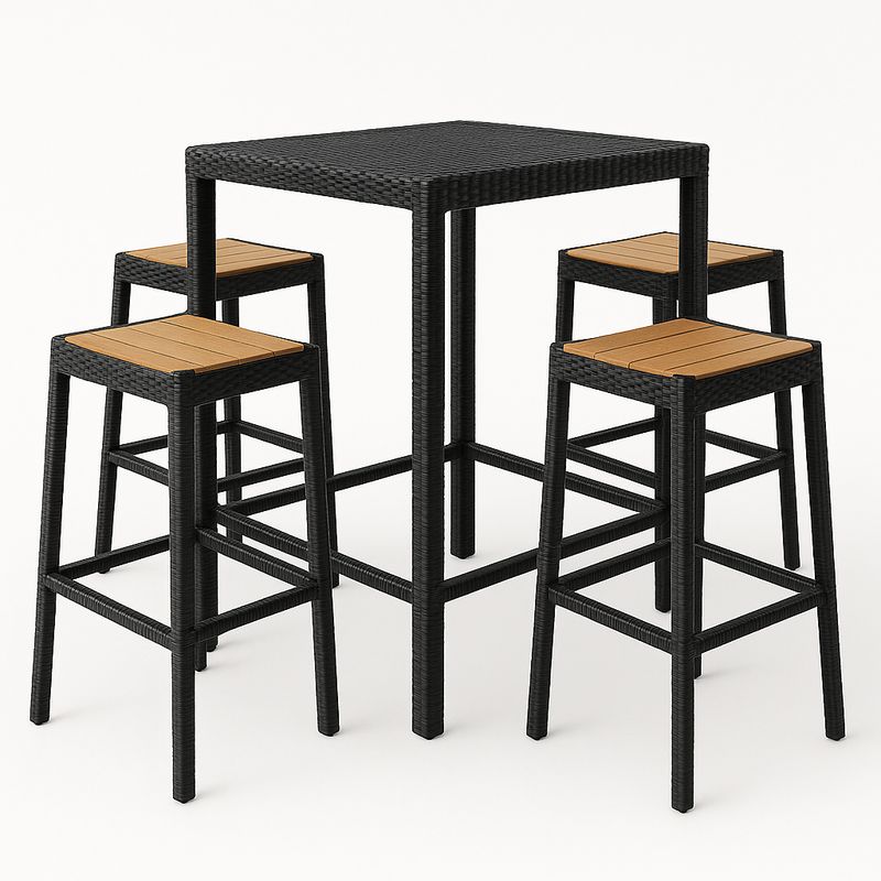 Ensemble de Bar Carré en Résine Imitation Rotin/Bois Noir/Marron Clair 5 Pièces