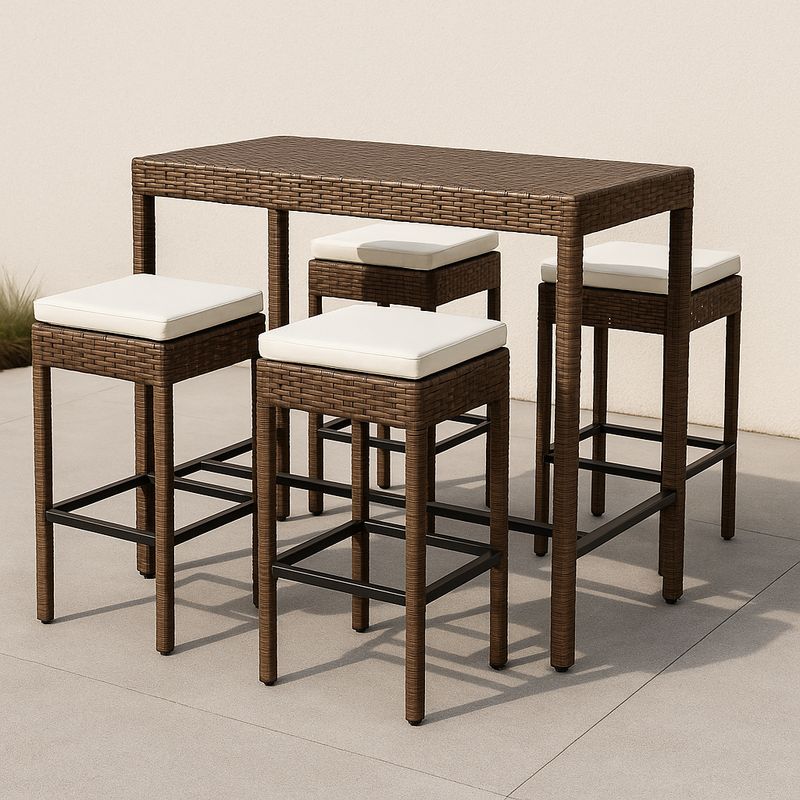 Ensemble Table Haute et Tabourets en Résine Tressée Brun/Ivoire 5 Pièces