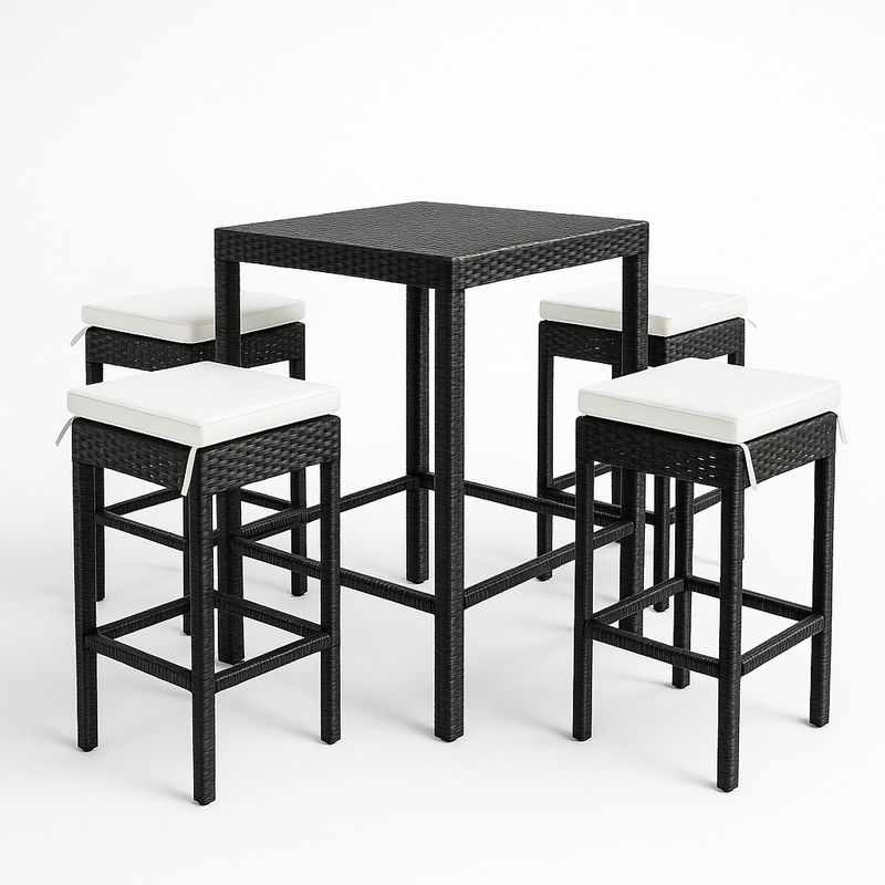 Ensemble de mobilier de jardin 5 pièces en résine tressée carrée noire et coussins blancs