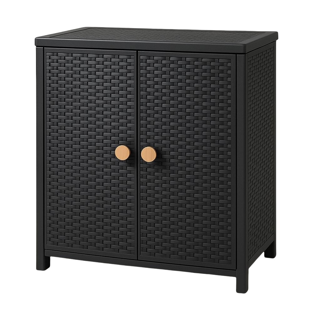 Armoire de rangement à deux portes en résine tressée noire 60x40x80 cm