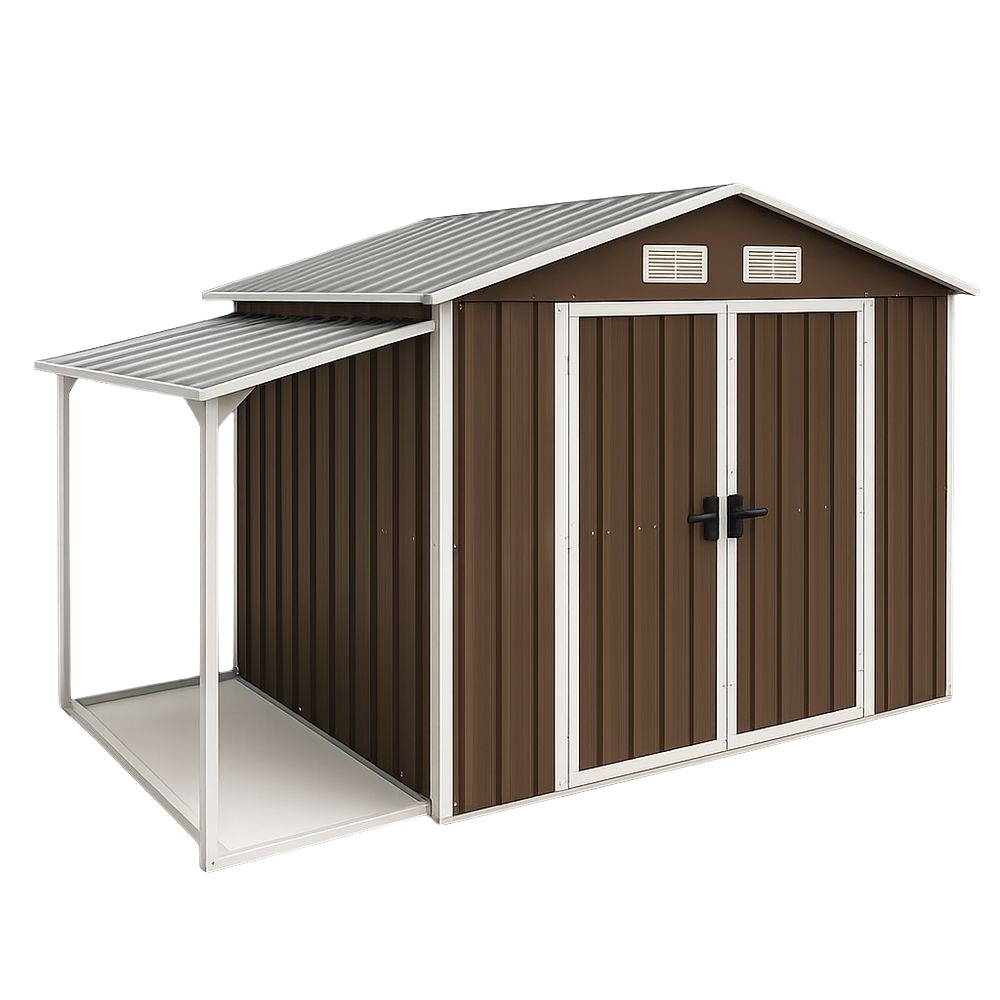Abri de jardin métal marron 2 portes avec auvent 300x200 cm structure acier galvanisé