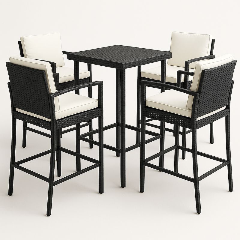 Ensemble de meubles de jardin 5 pièces en résine tressée et acier noir avec coussins crème