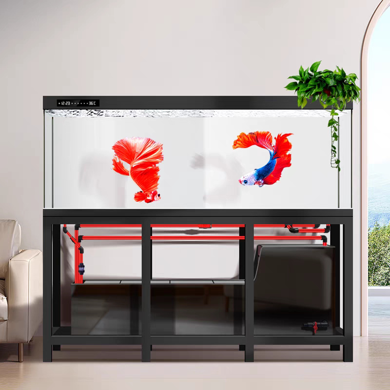 【Customized】ultra-clear glass fish tank with bottom filtration system and   stainless steel cabinet