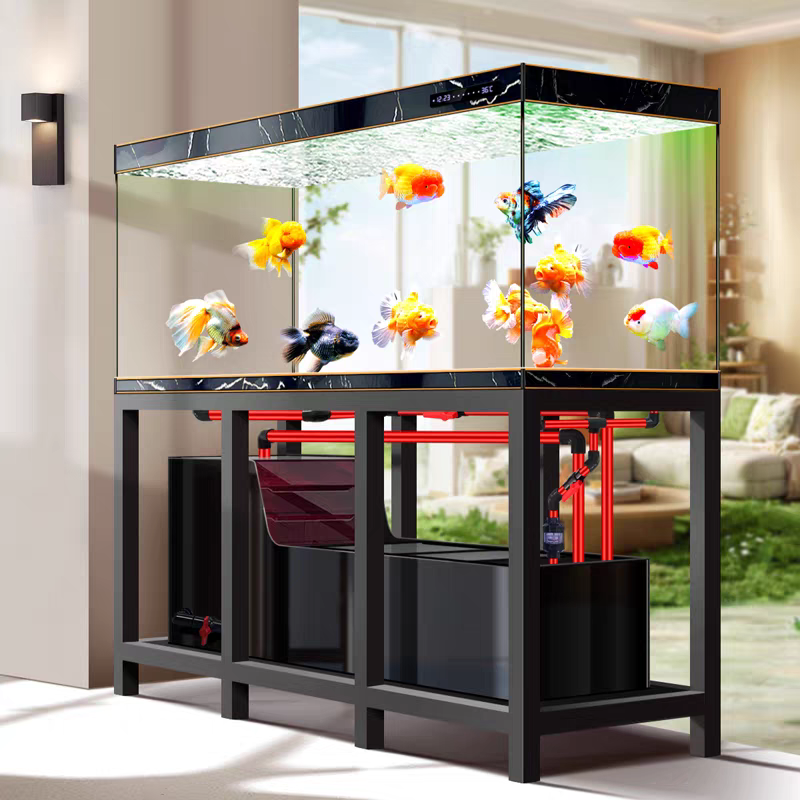 【Customized】ultra-clear glass fish tank with bottom filtration system and   stainless steel cabinet