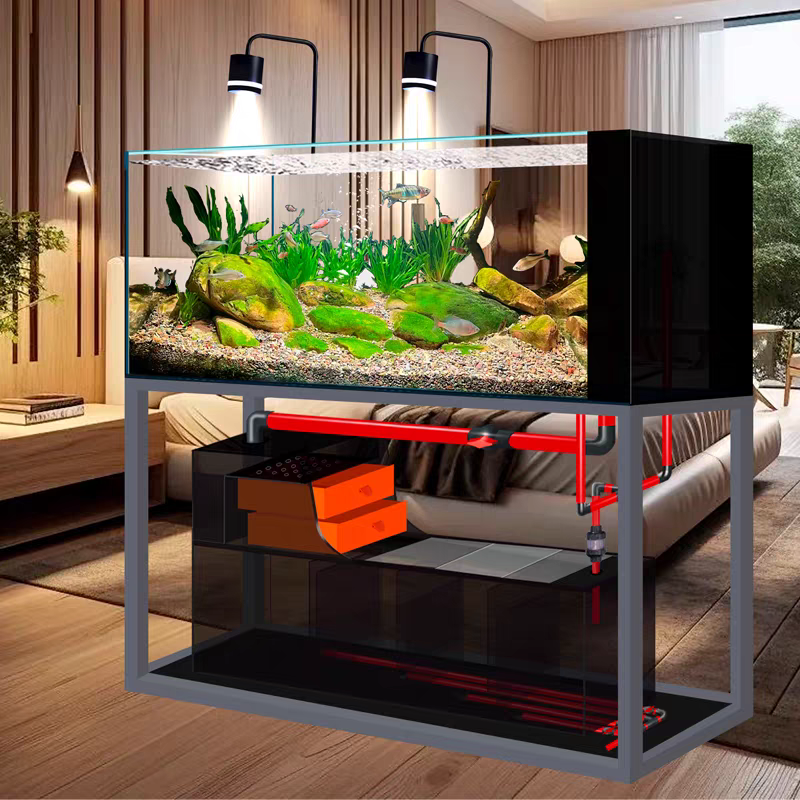 【Customized】Industrial style ultra-clear glass stream aquarium with bottom filtration system
