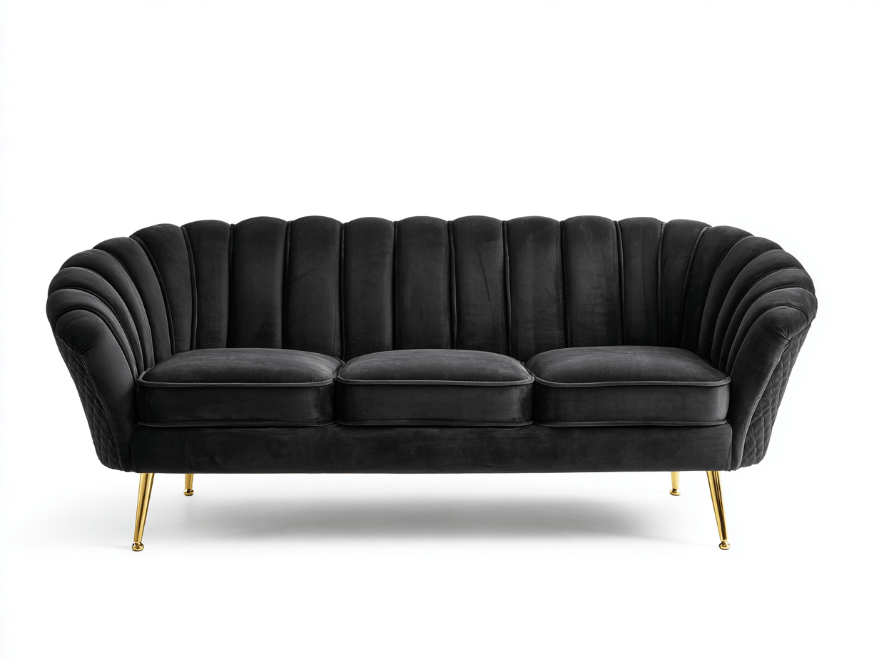 Canapé 3 places velours noir pieds métal doré design dossier coquille – style art déco pour salon-Nestete