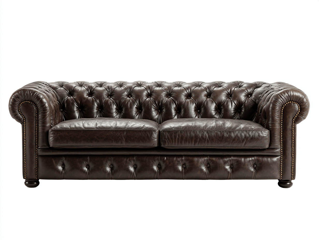 Canapé 3 places en cuir marron style Chesterfield – dossier capitonné – accoudoirs roulés-Nestete