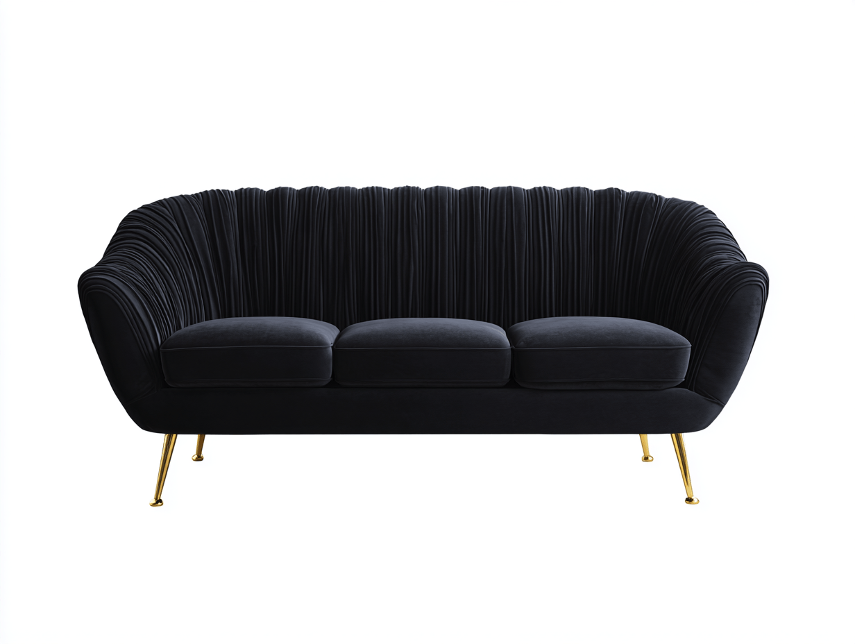 Canapé 3 places velours noir pieds métal doré dossier plissé – style art déco élégant pour salon-Nestete