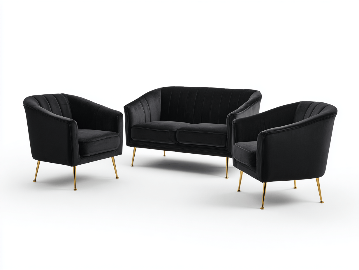 Canapé ensemble 3 pièces velours noir pieds métal doré double et deux fauteuils – style moderne élégant pour salon-Nestete