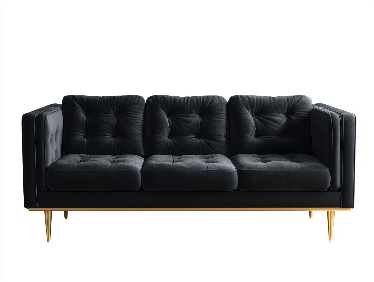 Canapé 3 places velours noir pieds métal doré assise et dossier capitonnés – style moderne pour salon-Nestete