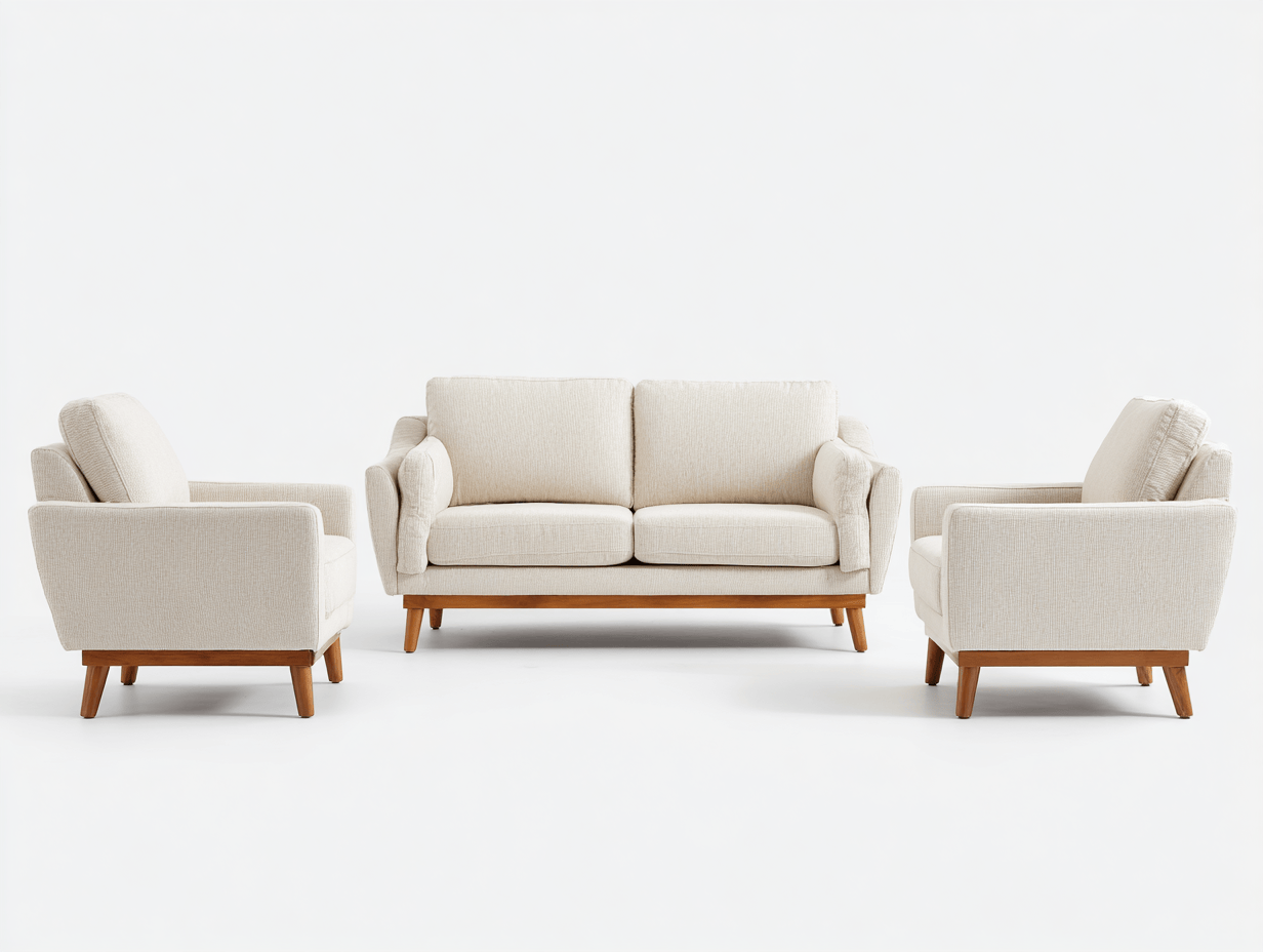 Canapé 3 pièces tissu crème structure bois clair style scandinave avec quatre coussins – pour salon-Nestete