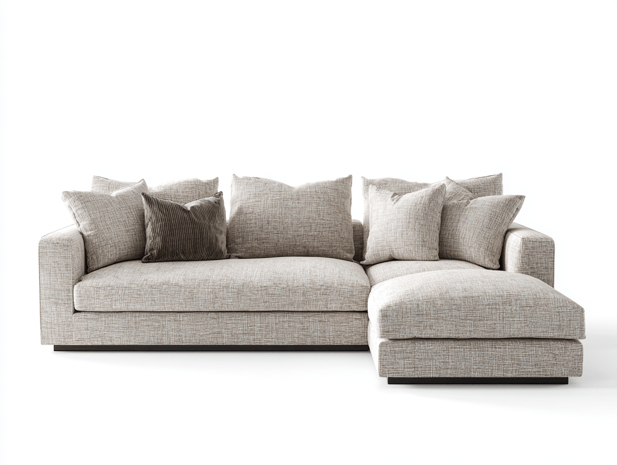 Canapé d'angle gauche, tissu beige chiné, 3 coussins et 4 oreillers, style moderne et confortable-Nestete