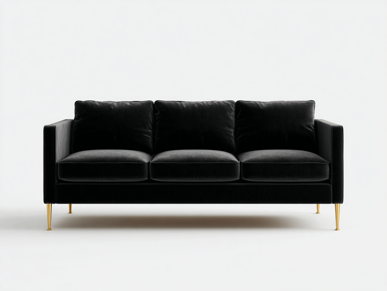 Canapé 3 places velours noir pieds métal doré avec trois coussins de dossier – style moderne pour salon-Nestete