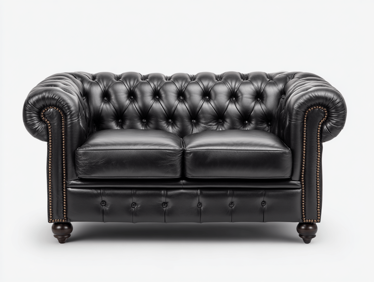 Canapé Chesterfield 2 places en cuir noir – accoudoirs roulés – pieds tournés en bois foncé-Nestete