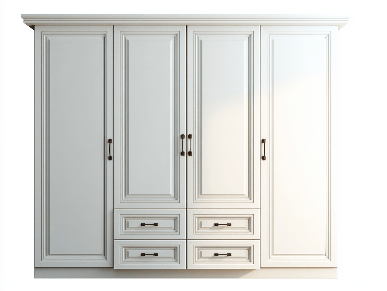 Armoire blanche  – quatre portes et quatre tiroirs – style classique à moulures-Nestete