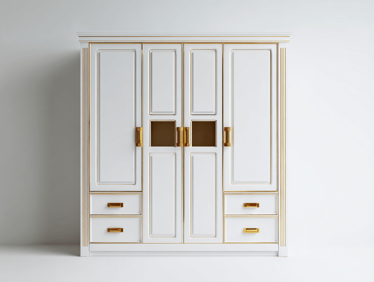 Armoire blanche – quatre portes et quatre tiroirs – style luxueux avec finitions dorées-Nestete