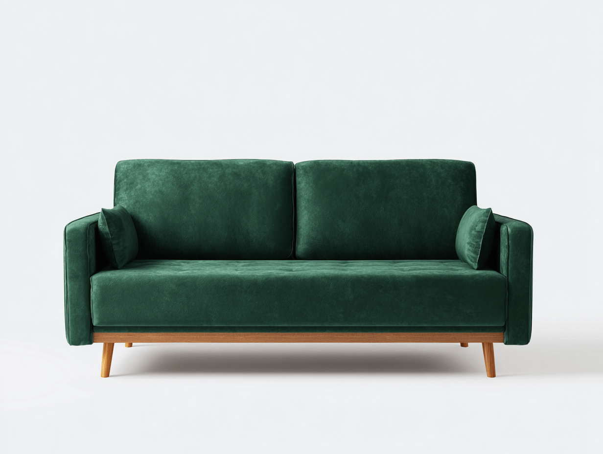 Canapé 2 places en velours vert foncé – Pieds en bois – Avec 2 coussins assortis-Nestete