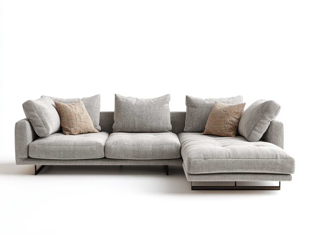 Canapé d'angle gauche, tissu gris clair, avec méridienne, 5 coussins et 2 oreillers, design moderne-Nestete