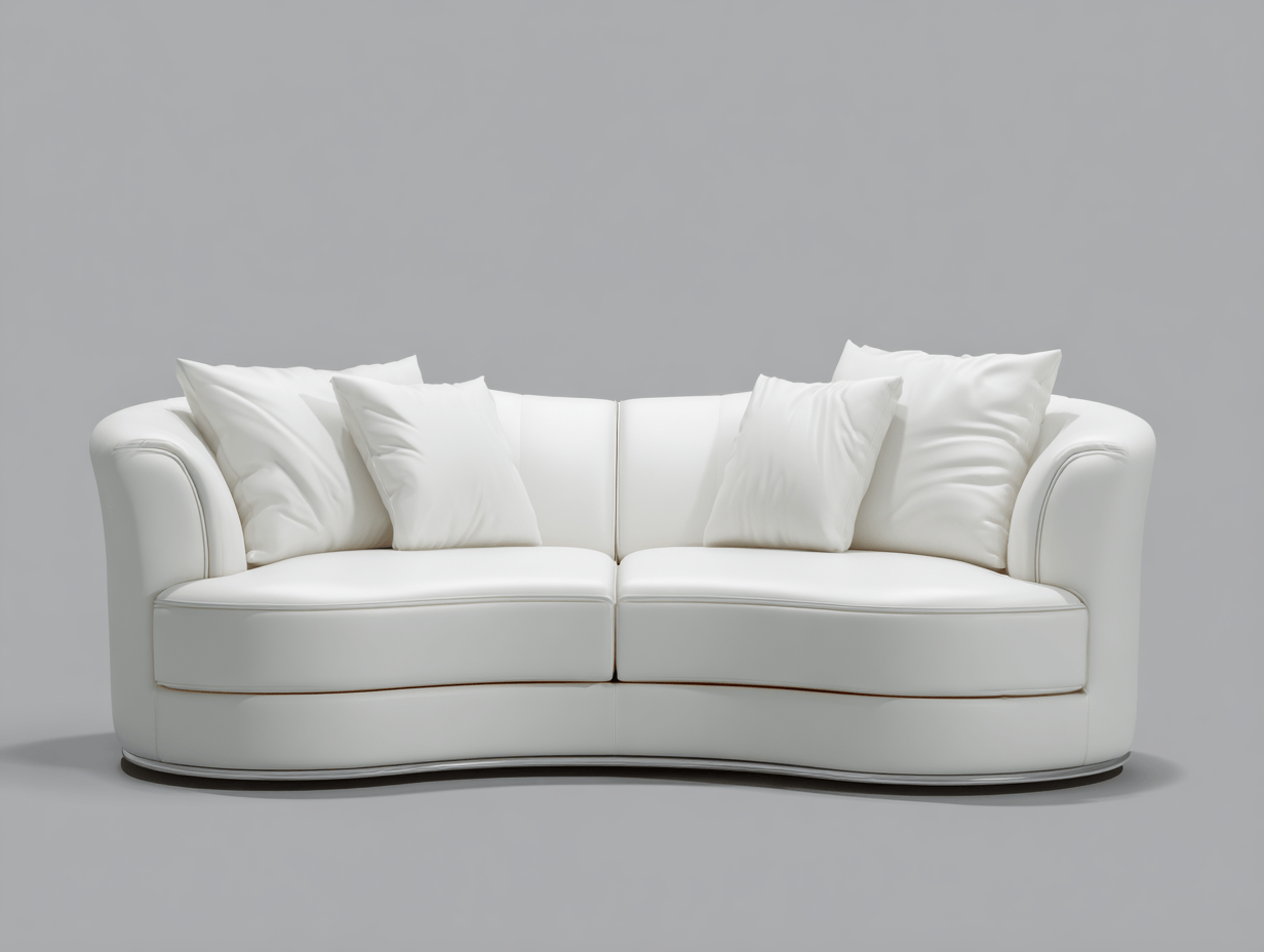 Canapé arrondi cuir blanc – style moderne – avec dossier rembourré intégré et quatre oreillers déco – base noire discrète – assise fixe sans bouton visible-Nestete