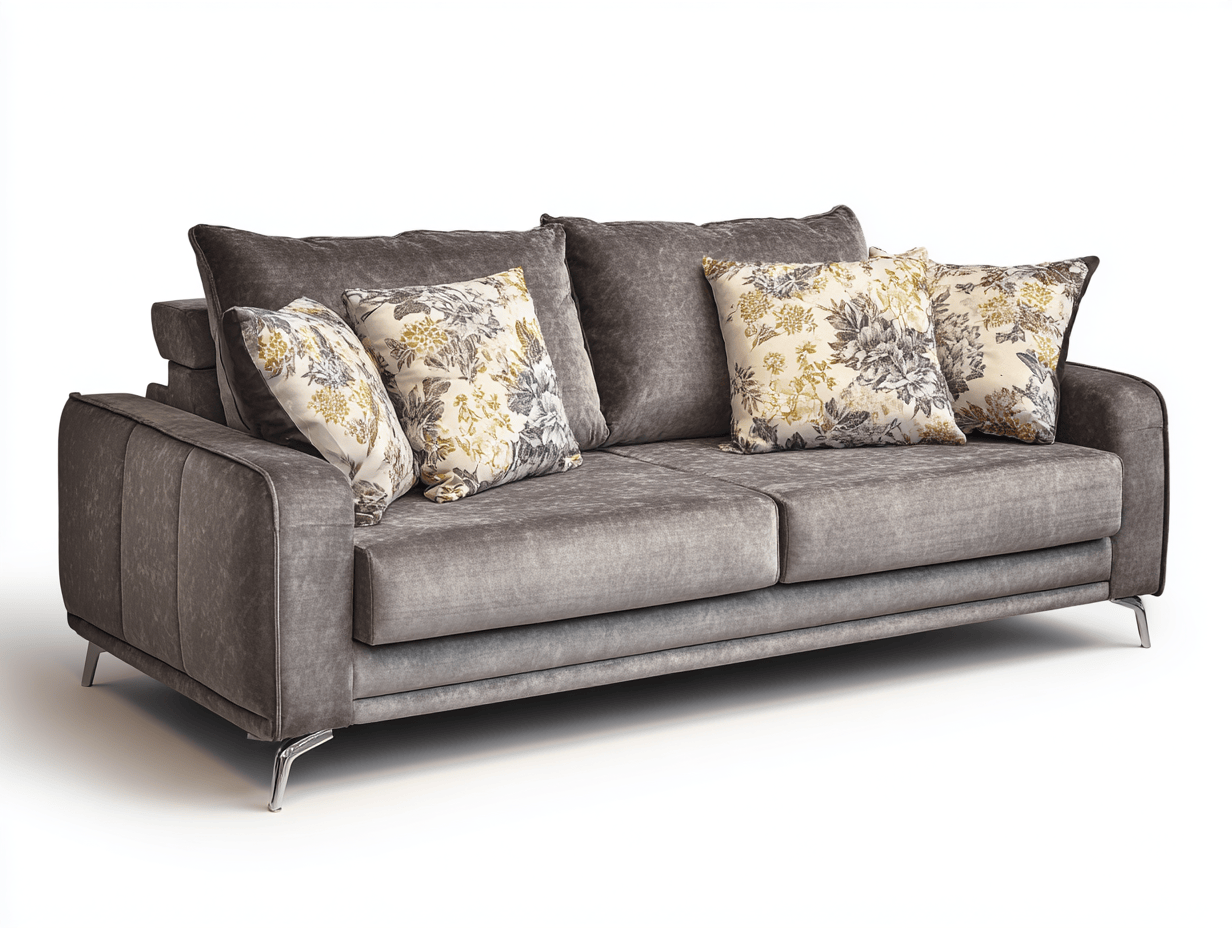 Canapé-lit 3 places en velours gris avec 2 coussins de dossier et 4 oreillers à motifs floraux – pieds argentés – style élégant-Nestete