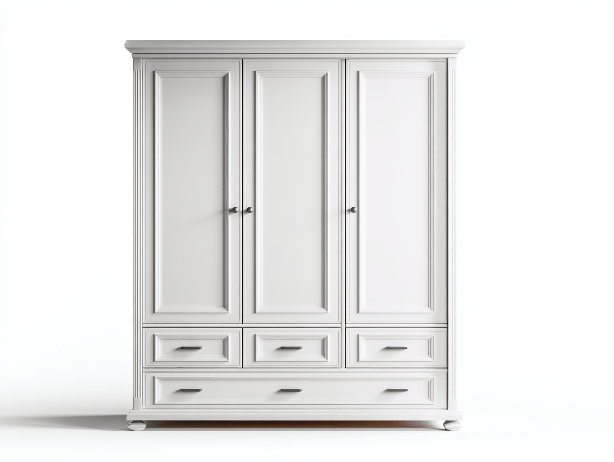 Armoire blanche – trois portes avec quatre tiroirs – style classique à pieds moulurés-Nestete