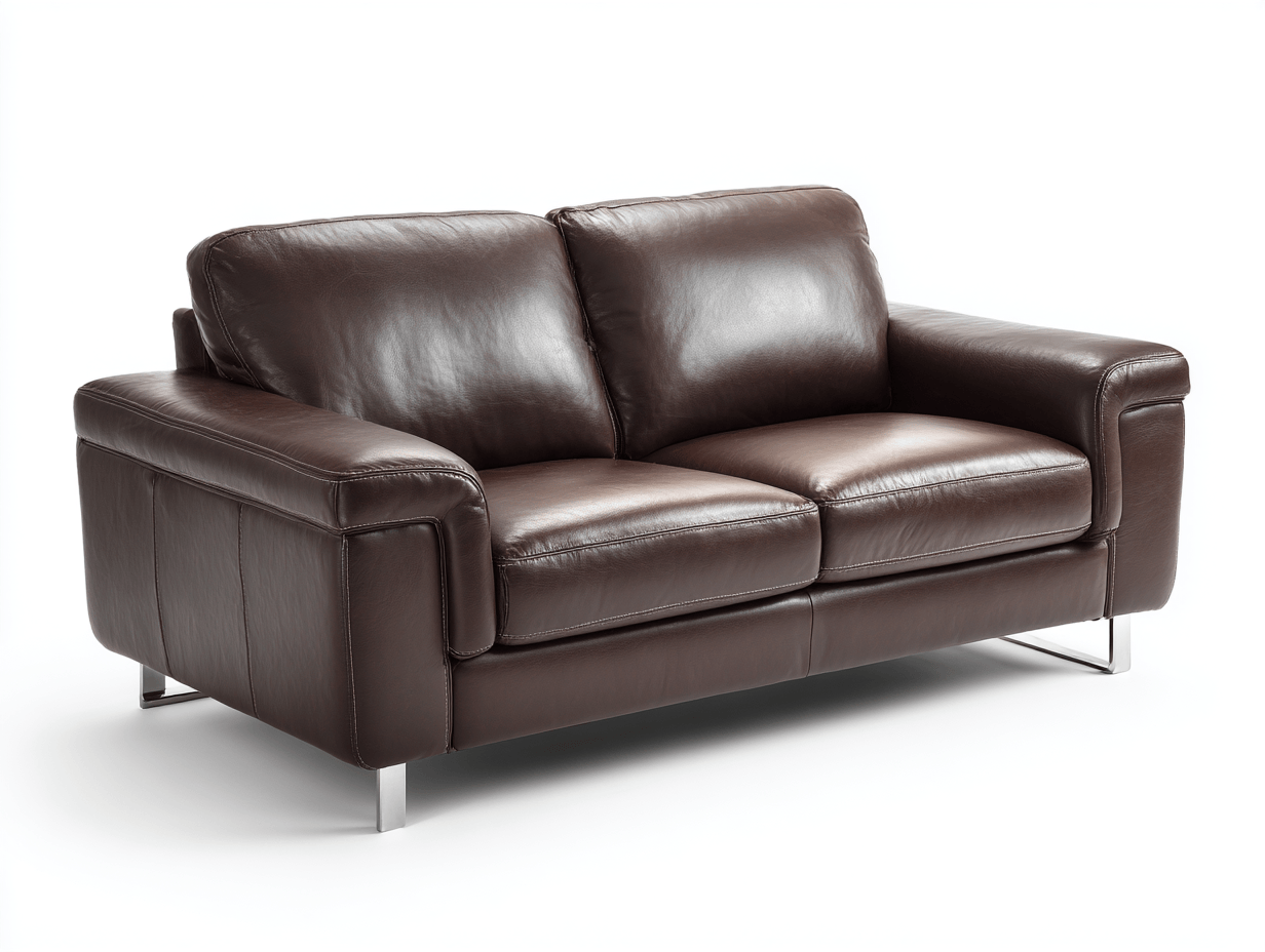 Canapé 2 places cuir marron – style moderne – pieds en métal chromé – assise fixe sans bouton visible-Nestete