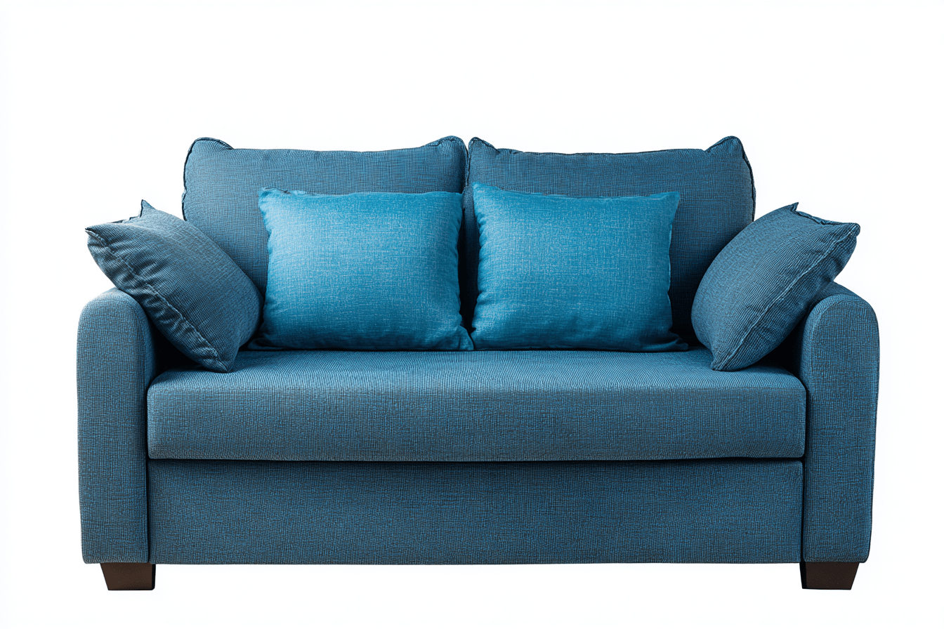 Canapé deux places en tissu bleu – avec accoudoirs – compact – quatre oreillers décoratifs – contemporain-Nestete