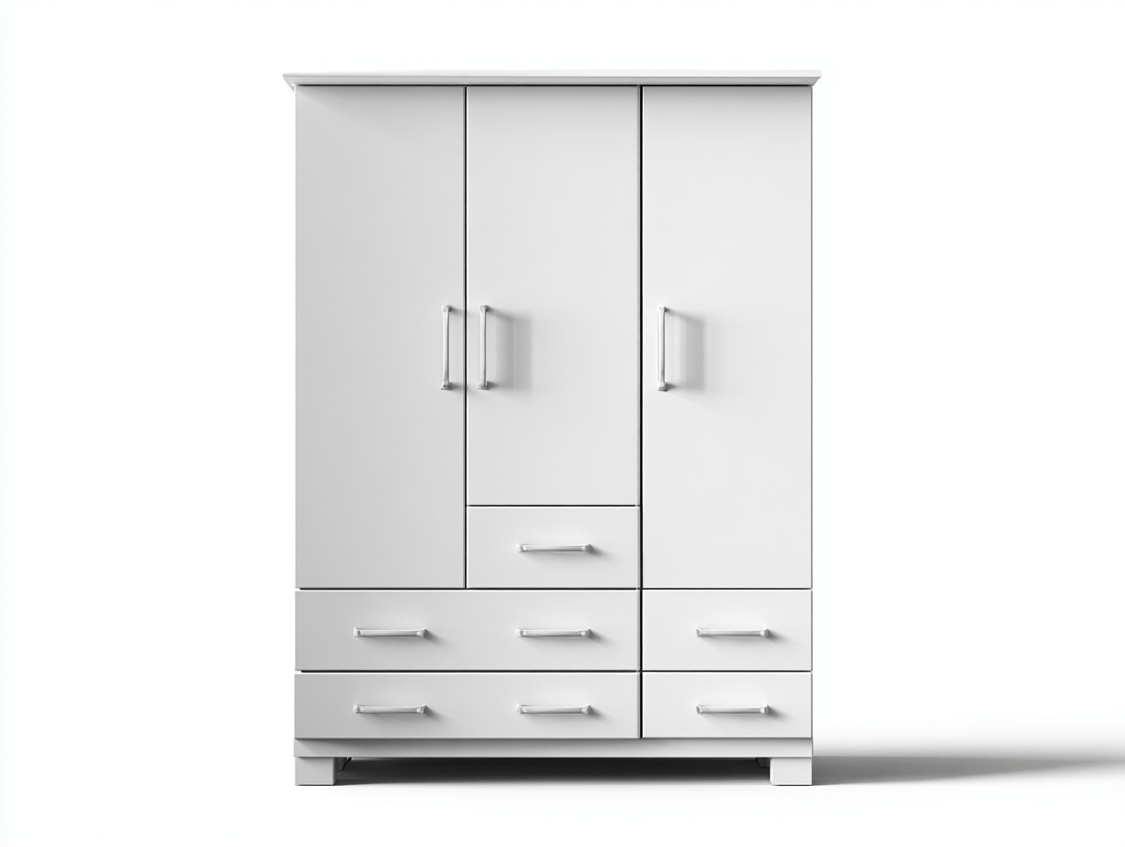 Armoire blanche – trois portes avec cinq tiroirs – style moderne à poignées argentées-Nestete