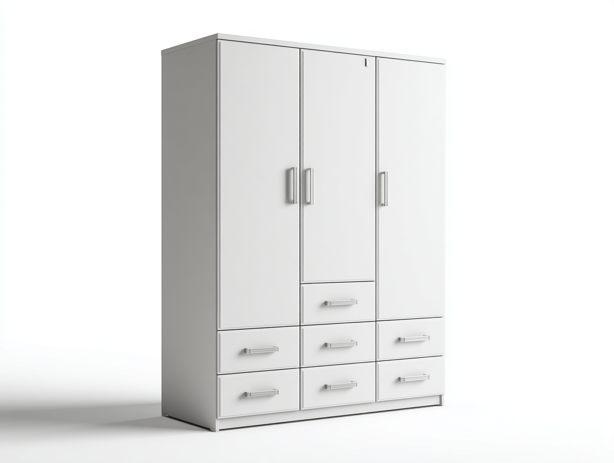 Armoire blanche – trois portes et sept tiroirs – design fonctionnel avec poignées métalliques-Nestete