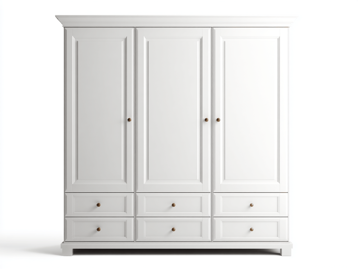 Armoire blanche – trois portes et six tiroirs – style classique avec poignées rondes-Nestete