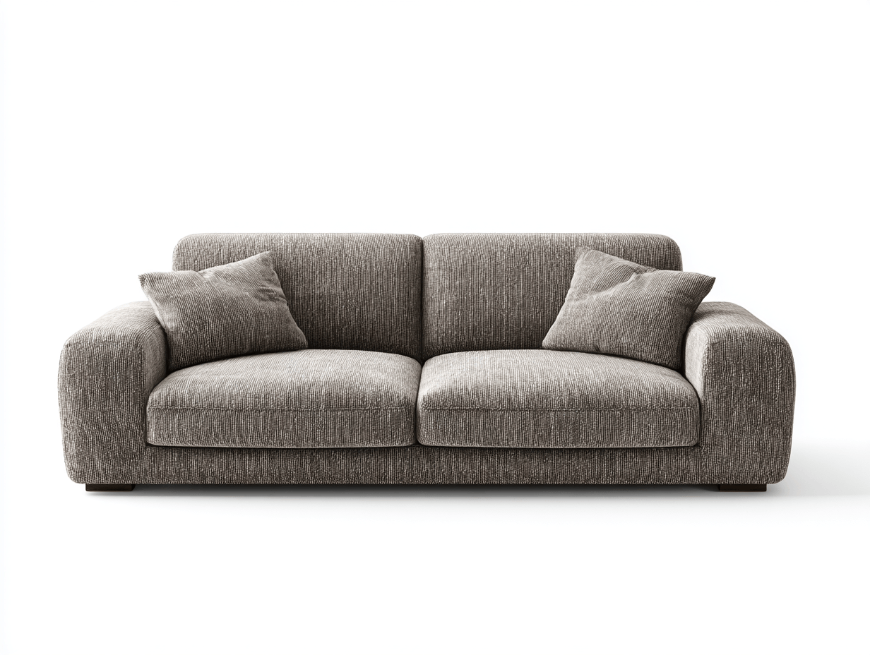 Canapé tissu gris taupe 2 places – avec 2 coussins de dossier et 2 coussins décoratifs – accoudoirs larges – pour salon-Nestete