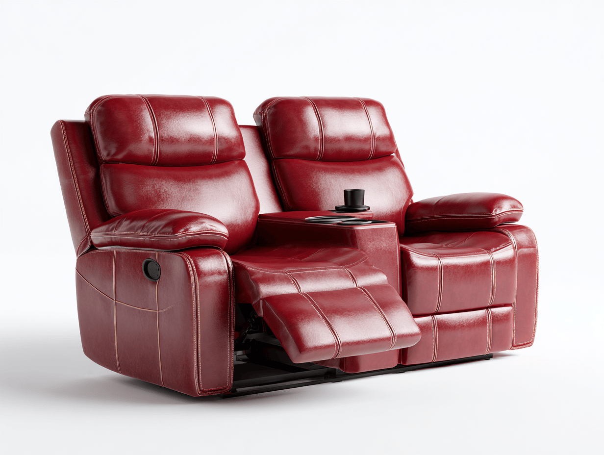 Canapé relax électrique 2 places en cuir rouge – coutures contrastées – console centrale avec porte-gobelets et prise USB-Nestete