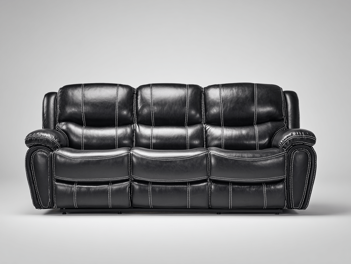 Canapé 3 places cuir noir  – style classique – coutures contrastantes blanches – assise fixe sans bouton visible-Nestete