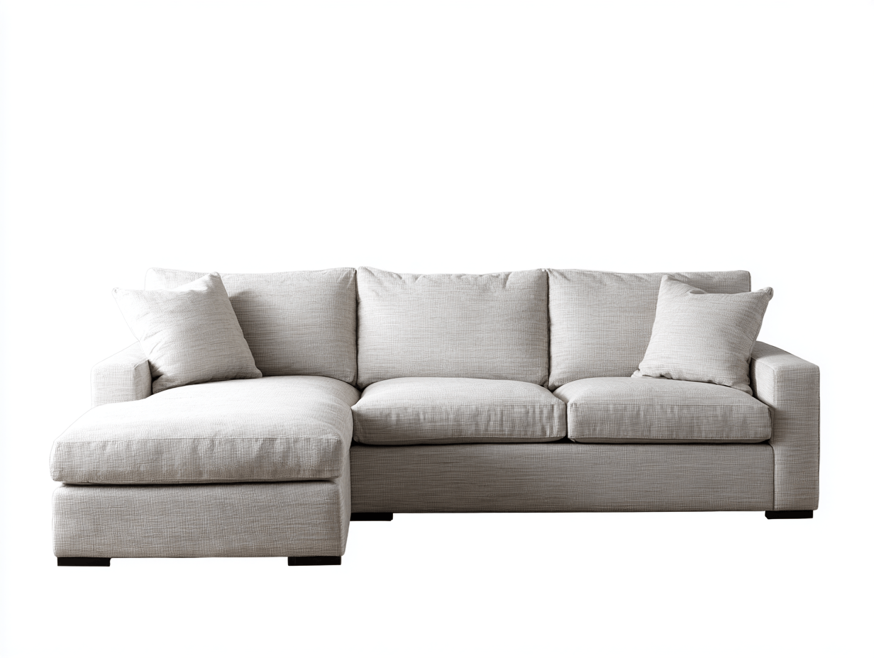 Canapé d'angle droit en tissu gris clair - 3 coussins et 2 oreillers - style moderne et sophistiqué-Nestete