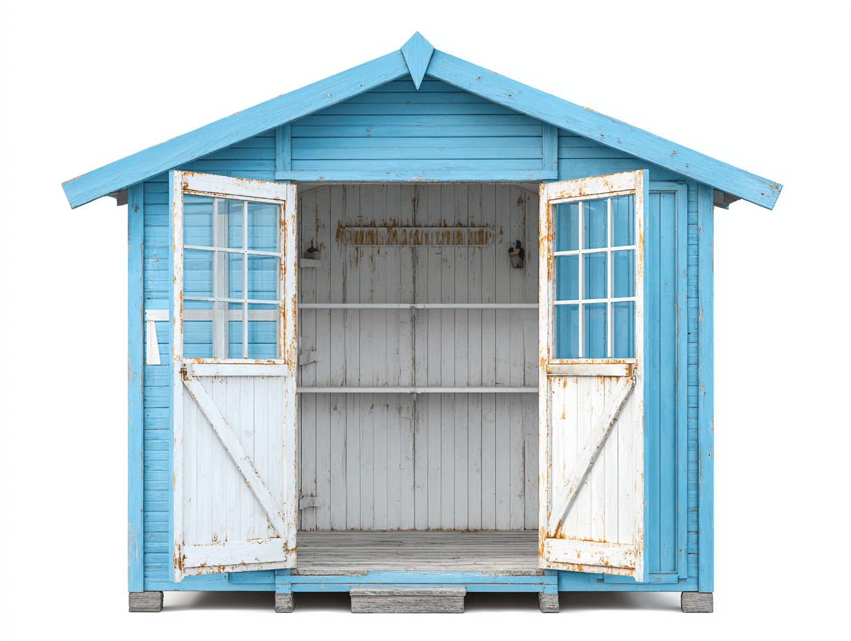 Abri de jardin en bois  – bleu ciel à portes vitrées blanches – style vintage avec étagères intégrées-Nestete