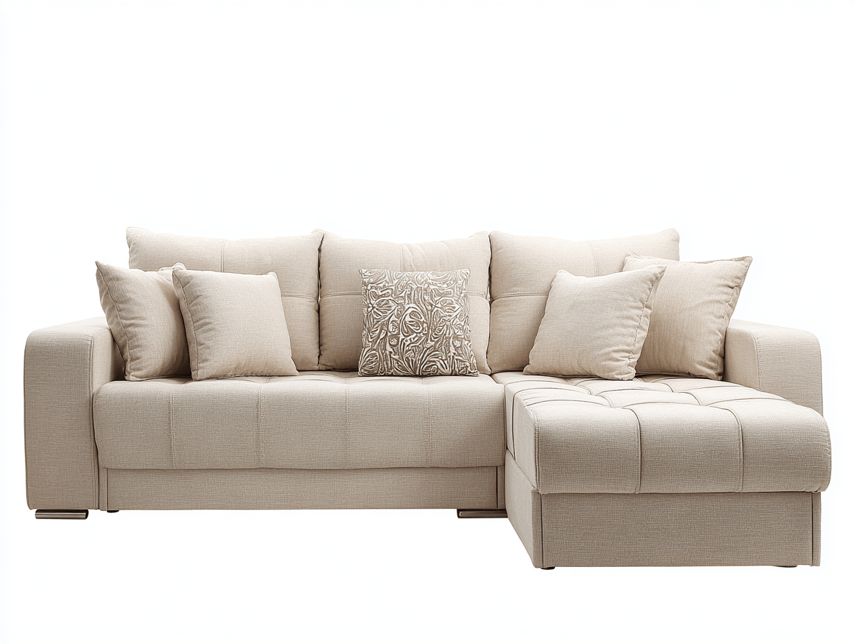 Canapé d’angle tissu beige – méridienne gauche (vue utilisateur) – avec trois coussins de dossier et cinq coussins déco – style contemporain – sans mécanisme électrique visible – pieds métal discret-Nestete