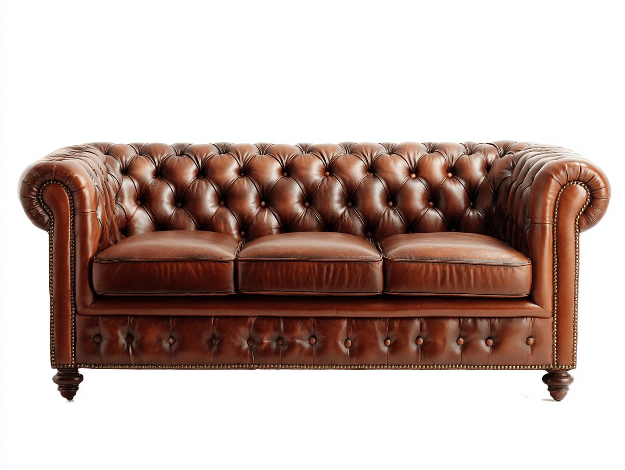 Canapé 3 places cuir marron – style Chesterfield – capitonné avec accoudoirs roulés et clous laiton-Nestete