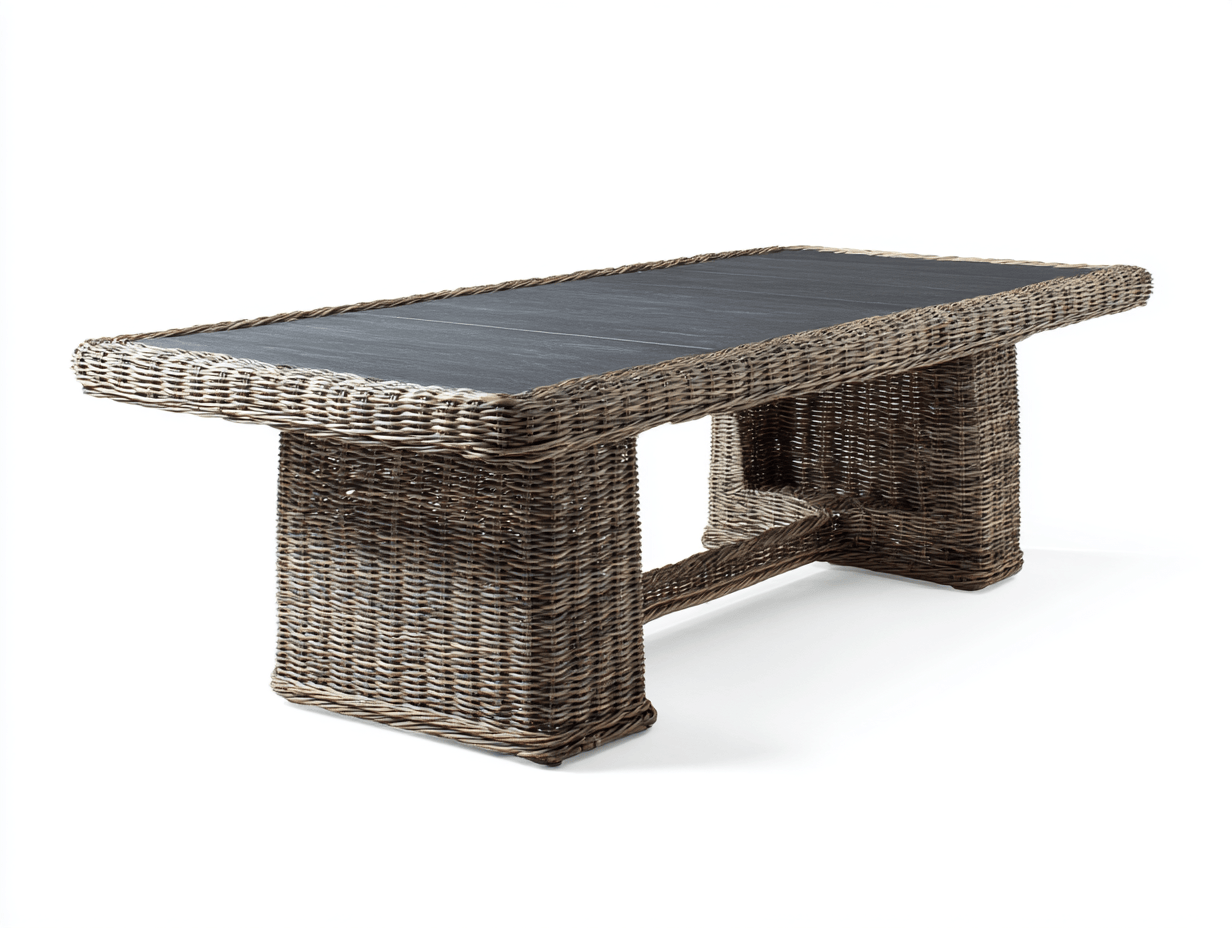 Table de jardin rectangulaire en rotin synthétique et plateau en ardoise – style naturel et rustique-Nestete