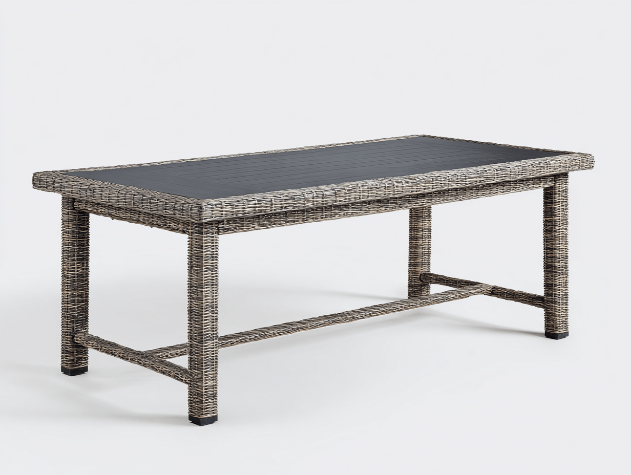 Table de jardin en résine tressée avec plateau en verre noir – rectangulaire – style contemporain extérieur-Nestete