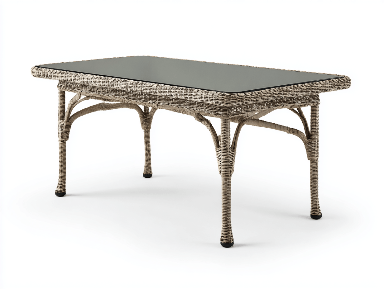Table de jardin en rotin synthétique gris avec plateau en verre noir – style rétro extérieur-Nestete