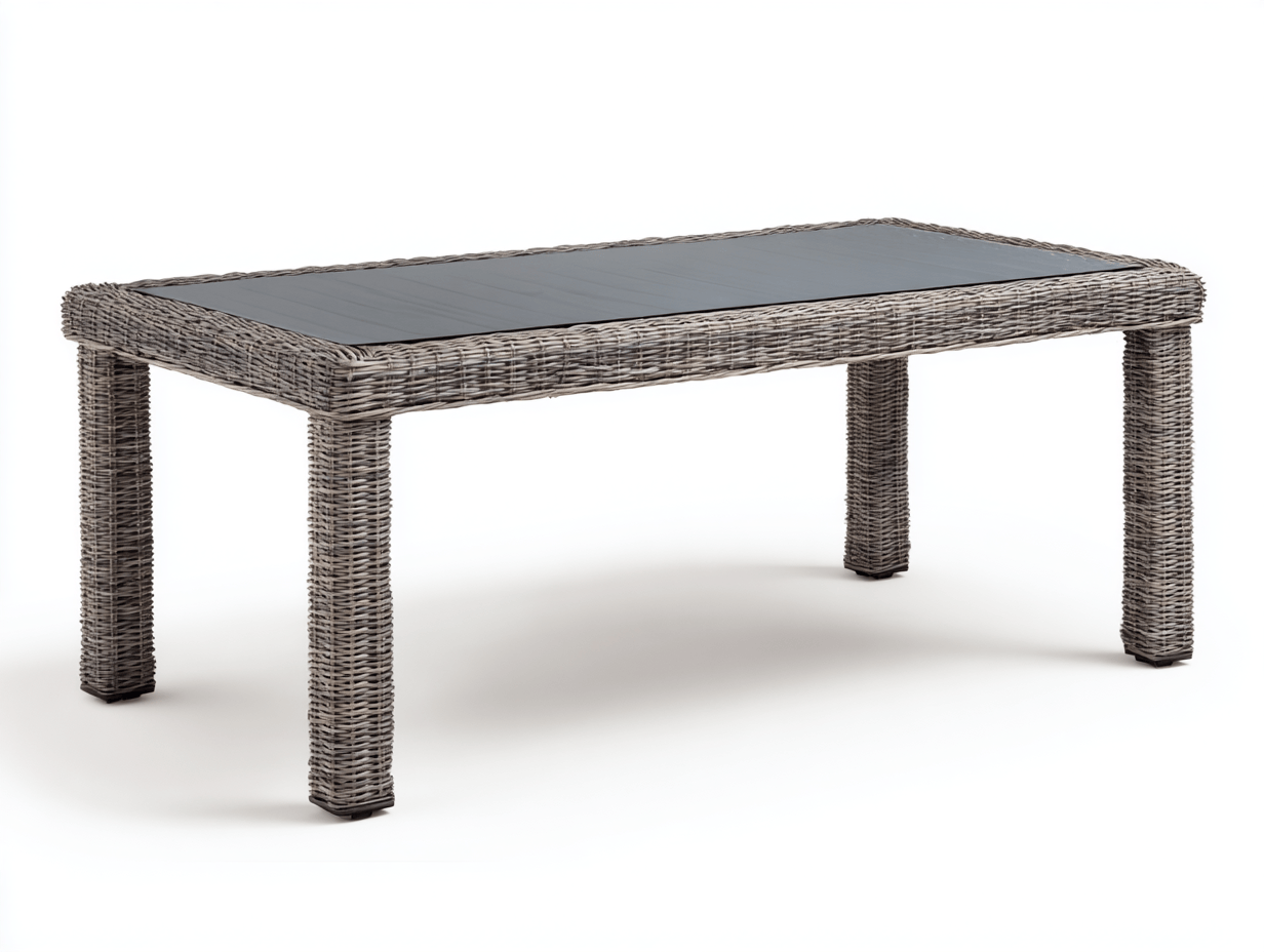 Table de jardin en rotin gris avec plateau en verre noir – design contemporain extérieur-Nestete